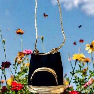 Comeco Vintage Crossbody Bucket Handbag Black Fabric + Gold Faux Leather